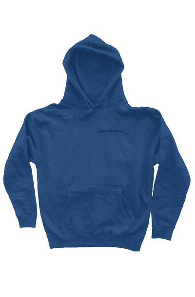 Royal blue 10oz cotton/polyester blend hoodie with embroidered brand name on the front