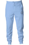 9oz ring spun cotton /polyester blend pigment dyed joggers in pigment light blue with logo embroidery on left side near pocket