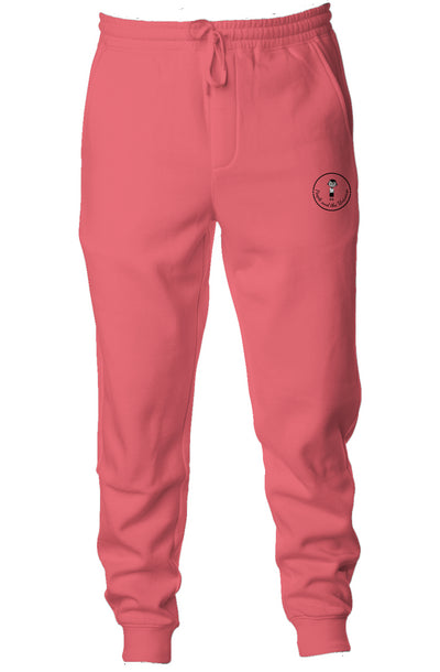 9oz ring spun cotton /polyester blend pigment dyed joggers in pigment pink with logo embroidery on left side near pocket