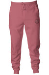 9oz ring spun cotton /polyester blend pigment dyed joggers in pigment maroon with logo embroidery on left side near pocket