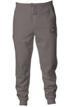 9oz ring spun cotton /polyester blend pigment dyed joggers in pigment black with logo embroidery on left side near pocket