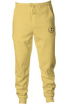 9oz ring spun cotton /polyester blend pigment dyed joggers in pigment yellow with logo embroidery on left side near pocket