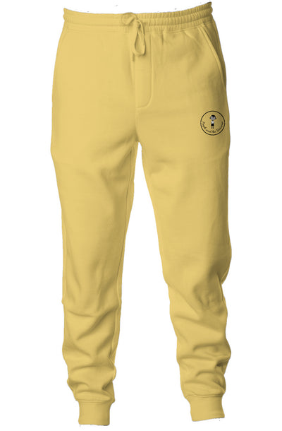 9oz ring spun cotton /polyester blend pigment dyed joggers in pigment yellow with logo embroidery on left side near pocket