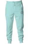 9oz ring spun cotton /polyester blend pigment dyed joggers in pigment mint  with logo embroidery on left side near pocket