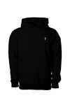 Pull over no draw cord hoodie in Black 100% cotton with embroidered logo of a young boy wearing a white shirt and black shorts and shoes cartoon style at the left side chest