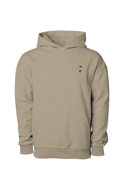 Pull over no draw cord hoodie in Sandstone 100% cotton with embroidered logo of a young boy wearing a white shirt and black shorts and shoes cartoon style at the left side chest