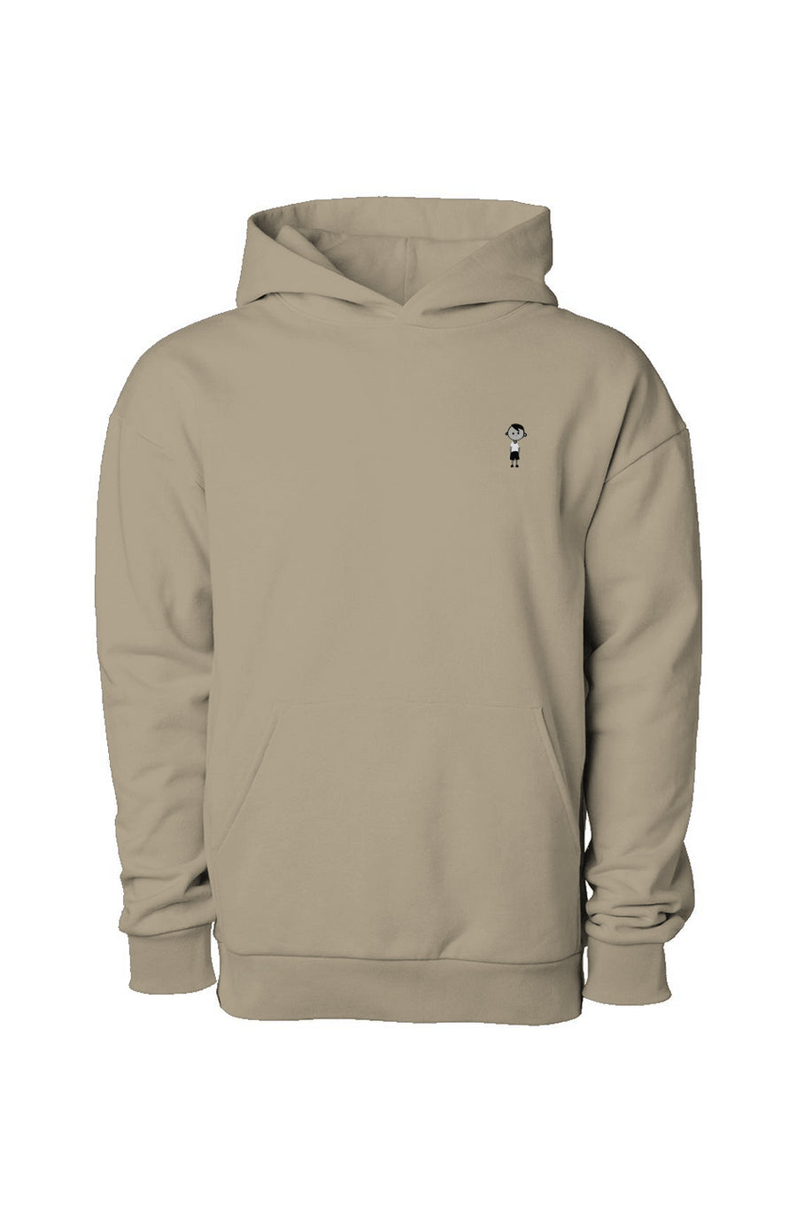 Pull over no draw cord hoodie in ivory 100% cotton with embroidered logo of a young boy wearing a white shirt and black shorts and shoes cartoon style at the left side chest