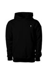 12 oz  premium no drawcord hoodie in black100% cotton with embroidered logoof a young boy wearing a white shirt and black shorts and shoes cartoon style  at the left side chest