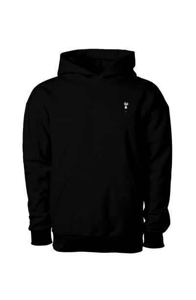 12 oz  premium no drawcord hoodie in black100% cotton with embroidered logoof a young boy wearing a white shirt and black shorts and shoes cartoon style  at the left side chest