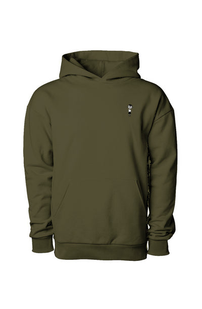 12.5 oz premium no drawcord  hoodie in olive 100% cotton  with  embroidered logo of a young boy wearing a white shirt and black shorts and shoes cartoon style at the left side chest