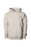 12.5 oz premium no drawcord hoodie in ivory 100% cotton with embroidered logo of a young boy wearing a white shirt and black shorts and shoes cartoon style at the left side chest