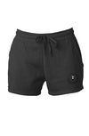 7 oz, 55% Ring Spun Cotton/45% Polyester Blend Shorts in Black with draw cord and a circle with logo at the bottom left corner