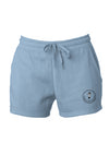 7 oz, 55% Ring Spun Cotton/45% Polyester Blend Shorts in Misty Blue with draw cord and a circle with logo at the bottom left corner