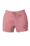 7 oz, 55% Ring Spun Cotton/45% Polyester Blend Shorts in Dusty Rose with draw cord and a circle with logo at the bottom left corner