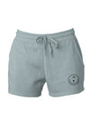 7 oz, 55% Ring Spun Cotton/45% Polyester Blend Shorts in Sage with draw cord and a circle with logo at the bottom left corner