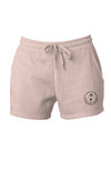 7 oz, 55% Ring Spun Cotton/45% Polyester Blend Shorts in Blush with draw cord and a circle with logo at the bottom left  corner