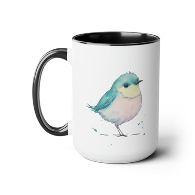 15oz two toned mug with black  interior and handle with glossy finish in colorful light aqua blue, light yellow and light pink pastel of a standing  bird design in water color style right view