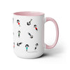 15 oz two toned mug in pink in colorful cartoon style people logo wearing dresses and shirts in colors red, blue, black, white and green in random positions and a small written brand name at the bottom of the mug near the handle