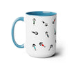 15 oz two toned mug in aqua blue in colorful cartoon style people logo wearing dresses and shirts in colors red, blue, black, white and green in random positions left view