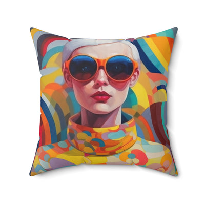 20x20" throw pillow retro inspired girl with short hair and orange sunglasses and multi colored outfit design