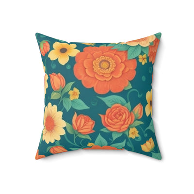 18x18" faux suede pillow with big colorful floral design in dark oranges and yellows in a dark green background