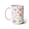 15 oz Two-Toned Mug with Pink Interior and Handle, Glossy Finish. Pastel Watercolor Style Floral Print in Light Violet, Light Oranges, and Pinks with Green Leaves on a White Background. Right Side View