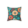 "14x14" polyester pillow with big colorful floral design in dark greens, dark oranges and aqua blue