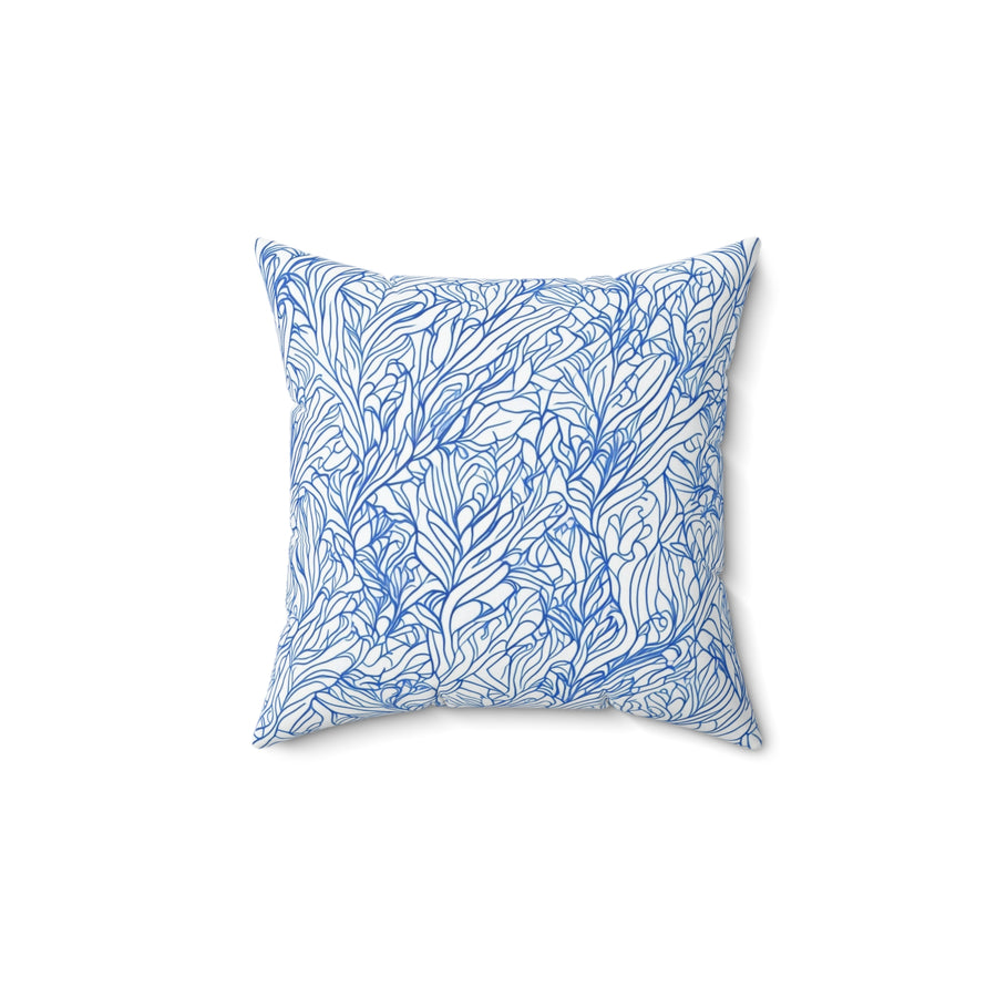 20x20 White 100% Polyester Throw pillow  with blue scribbled leaves design 