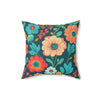 "16x16" polyester pillow with big colorful floral design in dark greens, dark oranges and aqua blue