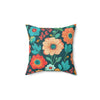 14x14" faux suede pillow with big colorful floral design in dark greens, dark oranges and aqua blue