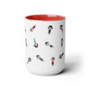 15 oz two toned mug in red in colorful cartoon style people logo wearing dresses and shirts in colors red, blue, black, white and green in random positions front view