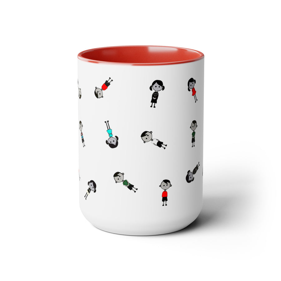 15 oz two toned mug in red in colorful cartoon style people logo wearing dresses and shirts in colors red, blue, black, white and green in random positions and a small written brand name at the bottom of the mug near the handle