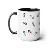 15 oz two toned mug in black in colorful cartoon style people logo wearing dresses and shirts in colors red, blue, black, white and green in random positions left view