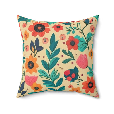 20x20" faux suede pillow with mid century boho inspired floral  reds, greens and pinks design