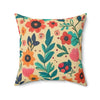 20x20" polyester pillow with mid century boho inspired floral reds, greens and pinks design