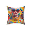 16x16" Faux suede throwpillow retro inspired girl with short hair and orange sunglasses and multi colored outfit design