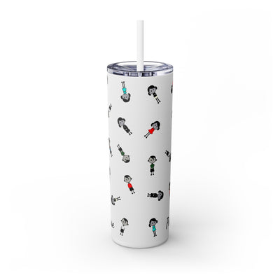 20oz skinny tumbler with midnight blue straw in colorful cartoon style people logo wearing dresses and shirts in colors red, blue, black, white and green in random positions and a small written brand name at the bottom of the tumbler back view