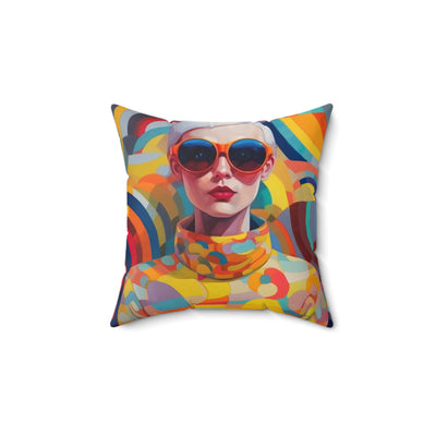 14x14" Faux suede throwpillow retro inspired girl with short hair and orange sunglasses and multi colored outfit design