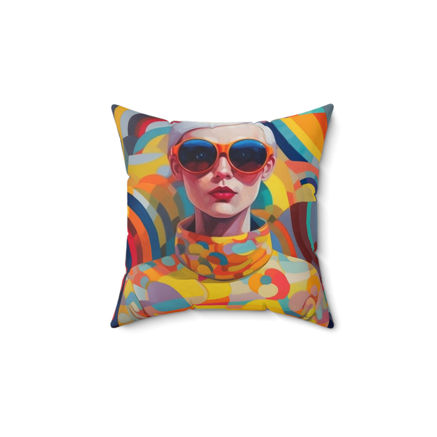 20x20"  Faux suede throwpillow retro inspired girl with short hair and orange sunglasses and multi colored outfit  design