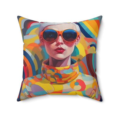 20x20"  Faux suede throwpillow retro inspired girl with short hair and orange sunglasses and multi colored outfit  design