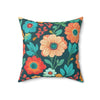 18x18" faux suede pillow with big colorful floral design in dark greens, dark oranges and aqua blue