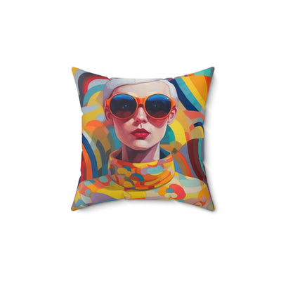 14x14" polyester  throw pillow retro inspired girl with short hair and orange sunglasses and multi colored outfit design