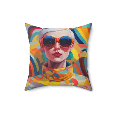 16x16" polyester throw pillow retro inspired girl with short hair and orange sunglasses and multi colored outfit design