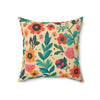 18x18"  faux suede pillow with mid century boho inspired floral reds, greens and pinks design