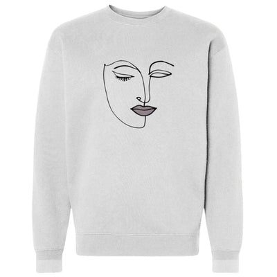 Beauty in Abstract Sweatshirt 10 oz ring spun cotton /polyester blend sweatshirt in white with embroidered line art of a face of a girl with pink lips front view.