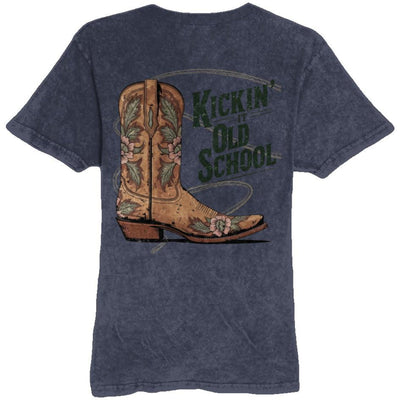 A vintage-inspired t-shirt featuring a detailed illustration of a cowboy boot with floral accents and the text "Kickin' It Old School." Perfect for fans of Western aesthetics and retro designs.