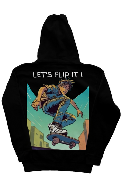 Black 10oz cotton/polyester blend hoodie with skateboarder cartoon and 'Let's flip it' text on the back in denim blue, aqua blue, white, brown, and black colors