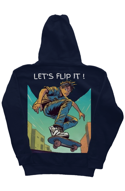 Navy  10oz cotton/polyester blend hoodie with skateboarder cartoon and 'Let's flip it' text on the back in denim blue, aqua blue, white, brown, and black colors