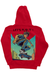 Red 10oz cotton/polyester blend hoodie with skateboarder cartoon and 'Let's flip it' text on the back in denim blue, aqua blue, white, brown, and black colors