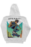 White 10oz cotton/polyester blend hoodie with skateboarder cartoon and 'Let's flip it' text on the back in denim blue, aqua blue, white, brown, and black colors